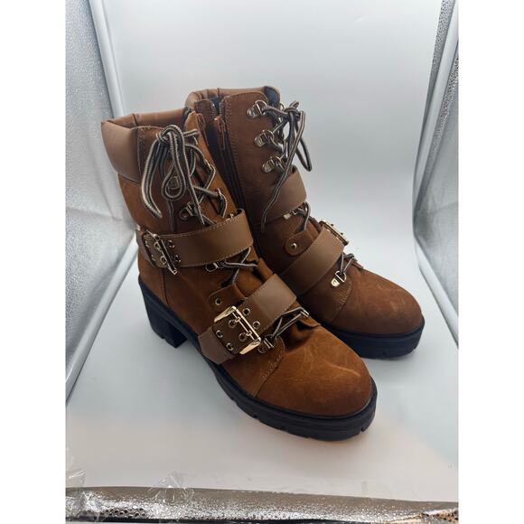 AQUA Genie Buckle Hiker Leather Biker Boots Cognac size 8m Eyes Lace-up Gold new - Picture 5 of 15